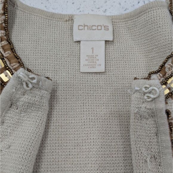 Chico's Tan Brown Open Front Crop Cardigan Sweater 3/4 Sleeve Embellished M/8 - Picture 2 of 11